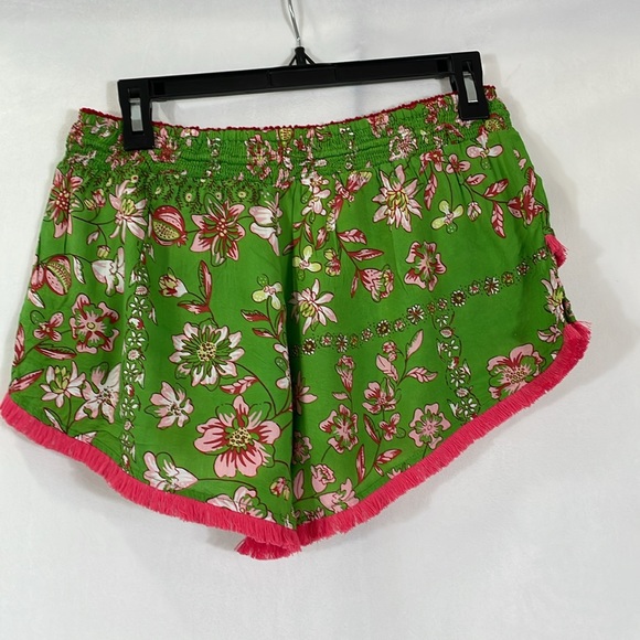 Poupette St Barth Boxer Lulu Shorts Size L Green Floral Pink Fringe Trim EUC - Picture 4 of 11